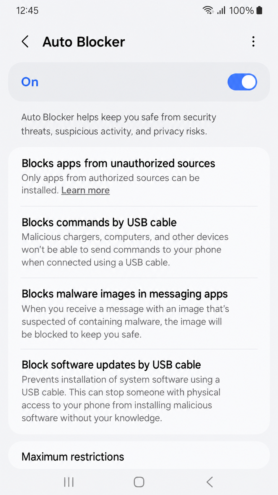 Auto Blocker toggle in One UI Settings
