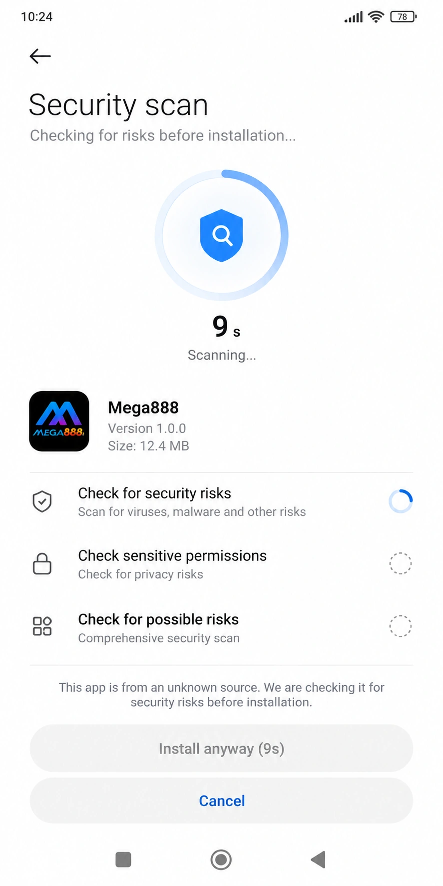Xiaomi install screen with the countdown running before Install becomes tappable